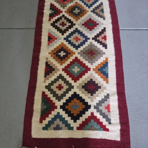 Double-Frame Red Bricks Kilim Wool Rug 52" x 26" Fringe - Picture 6 of 6
